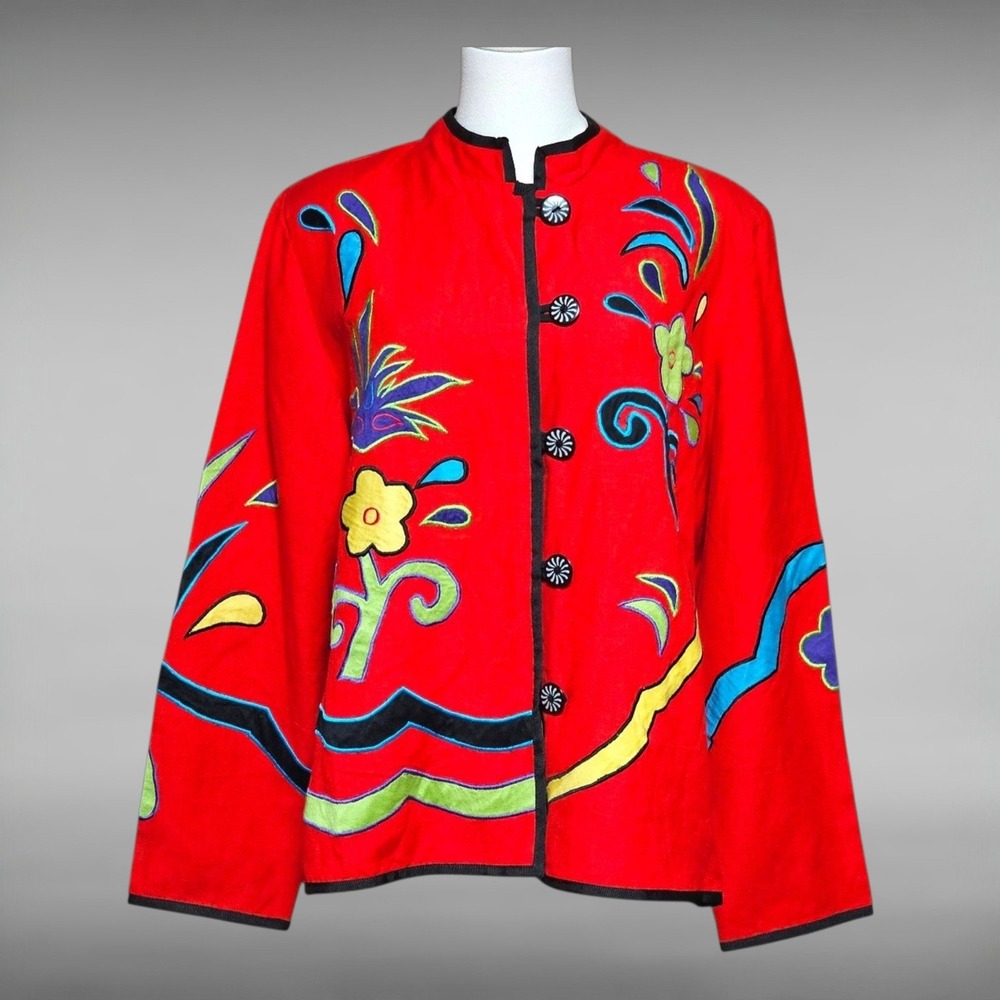 Indigo Moon Red Embroidered Floral Jacket Rayon Cotton Linen Blend NWT Medium